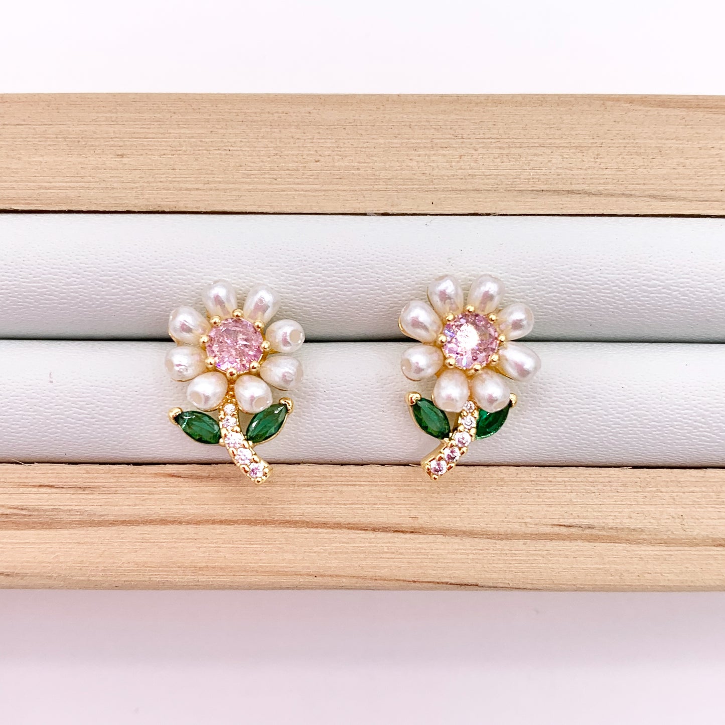 Pearl CZ Pave Flower Studs in 18K Gold Plated Copper 3 PAIRS