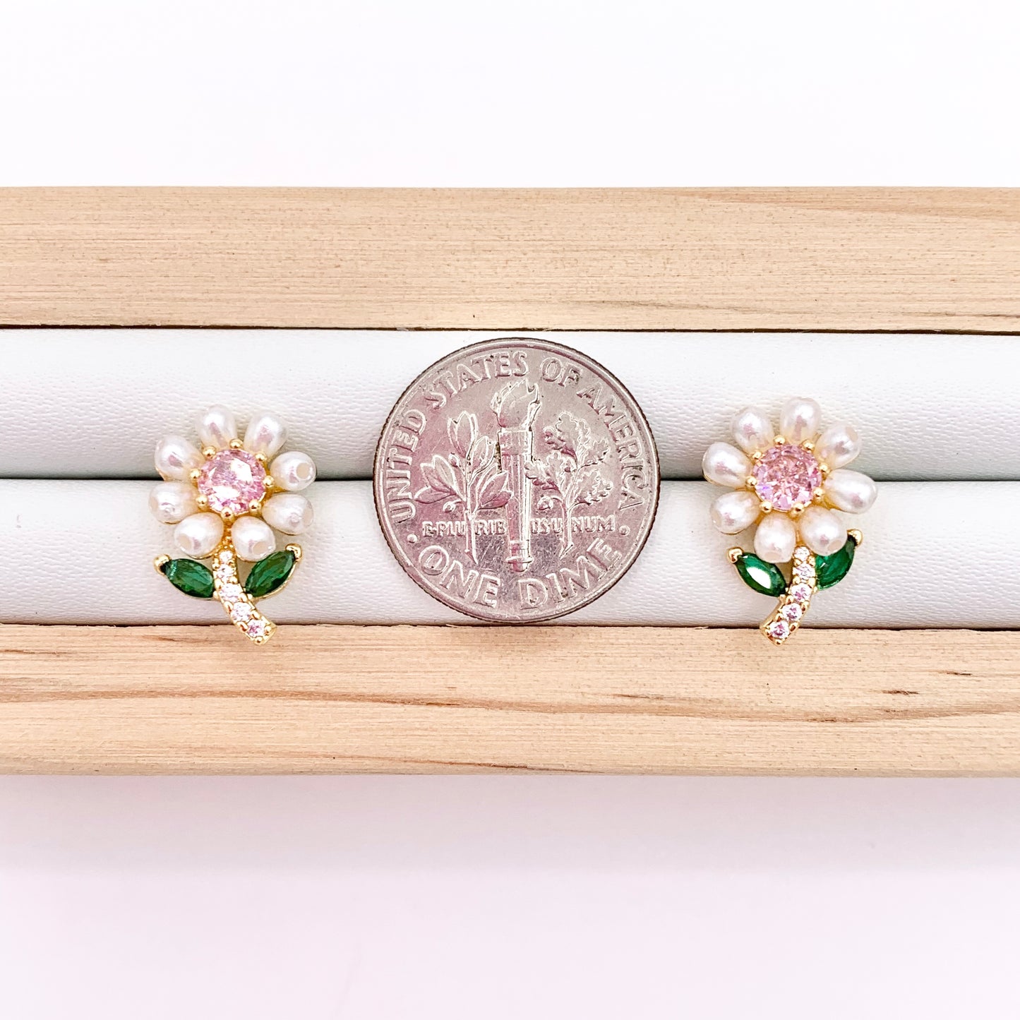 Pearl CZ Pave Flower Studs in 18K Gold Plated Copper 3 PAIRS