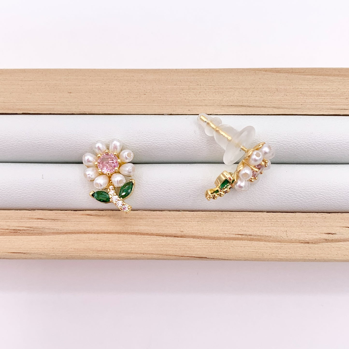 Pearl CZ Pave Flower Studs in 18K Gold Plated Copper 3 PAIRS
