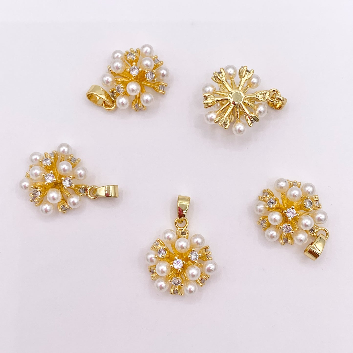 Dainty Pearl Fireworks Charm in CZ Pave Real Gold 18K Plated Over Brass 6 PCS