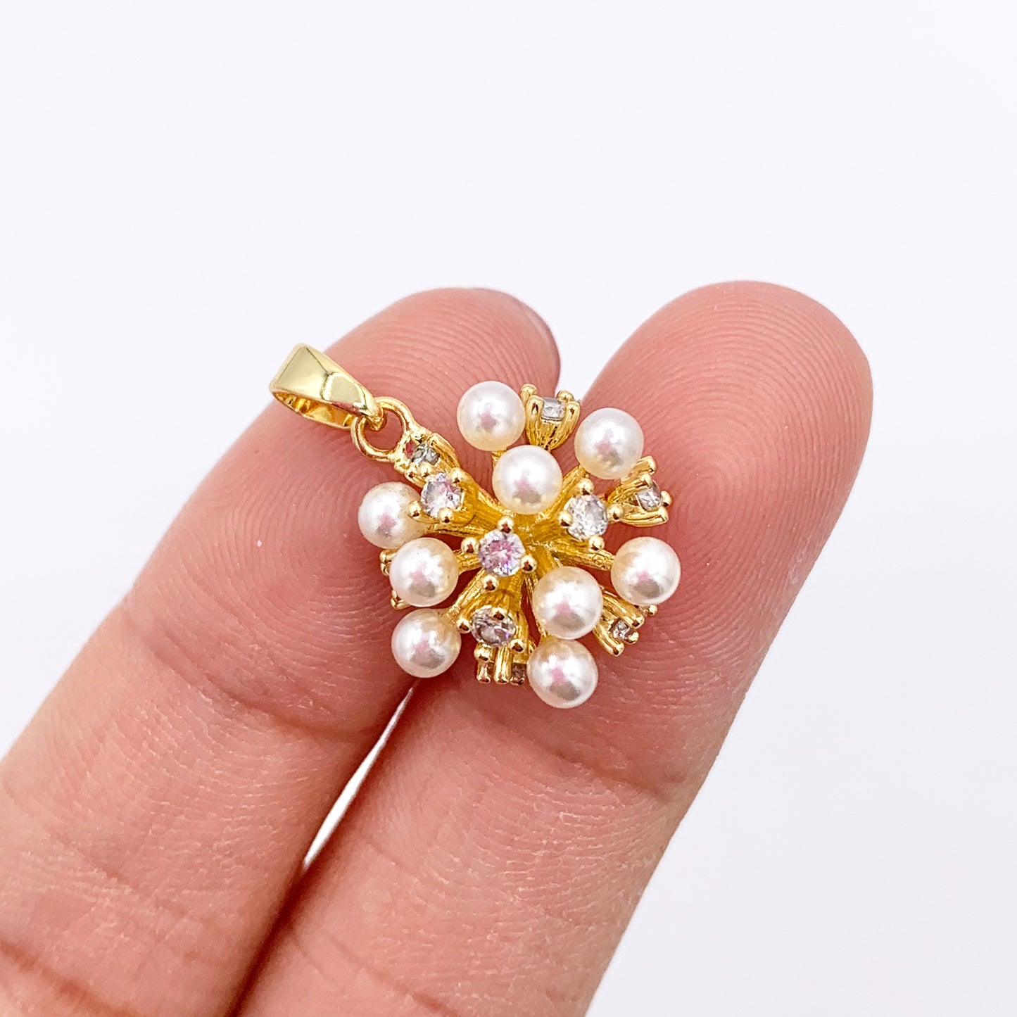 Dainty Pearl Fireworks Charm in CZ Pave Real Gold 18K Plated Over Brass 6 PCS
