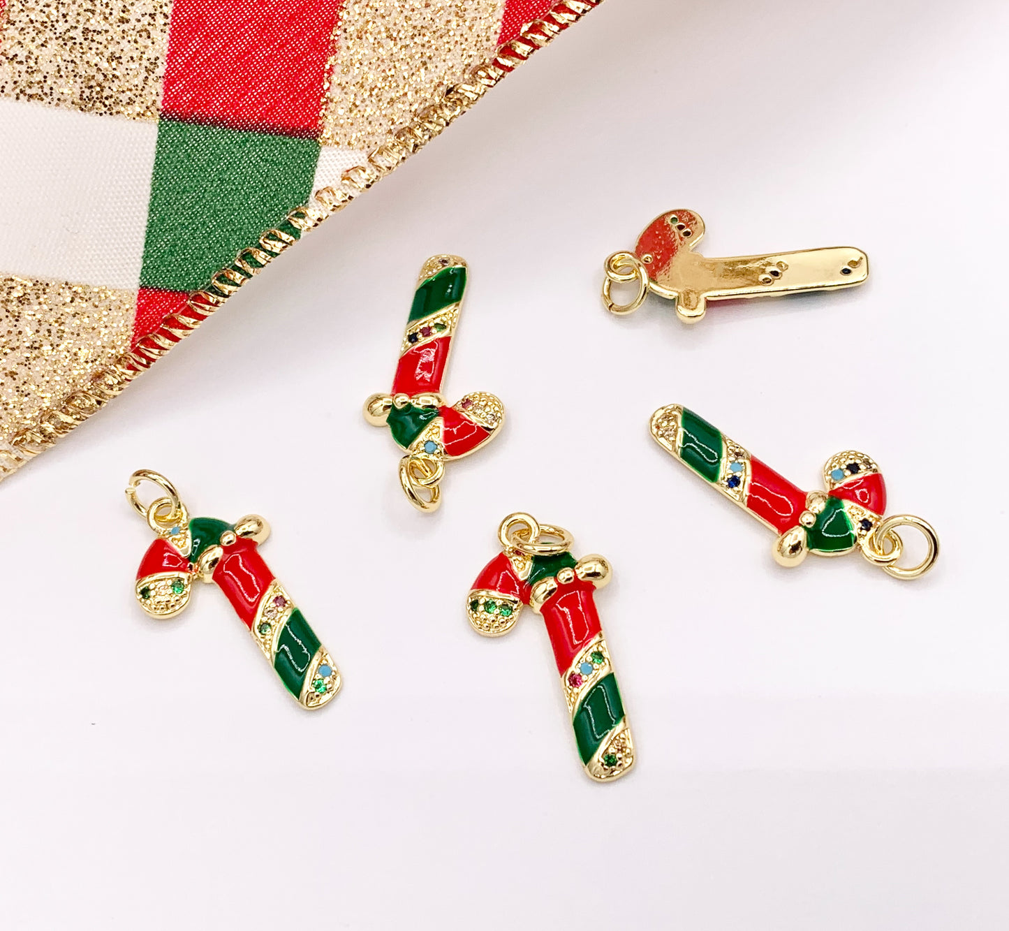 Cute Christmas Candy Cane Charm Holiday Enamel Pendant in Real Gold 18K Plated Micro CZ Pave Over Copper 5 PCS