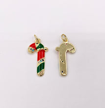 Load image into Gallery viewer, Cute Christmas Candy Cane Charm Holiday Enamel Pendant in Real Gold 18K Plated Micro CZ Pave Over Copper 5 PCS
