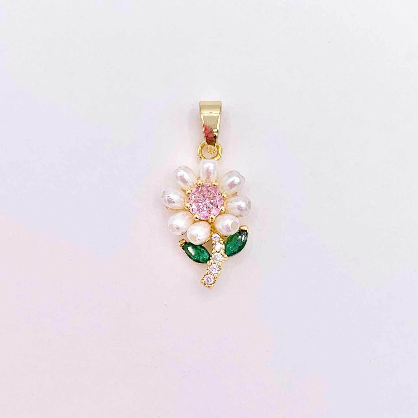 Pearl Cubic Zirconia Flower Pendant Charms in Real Gold 18K Plated Over Copper 6 PCS
