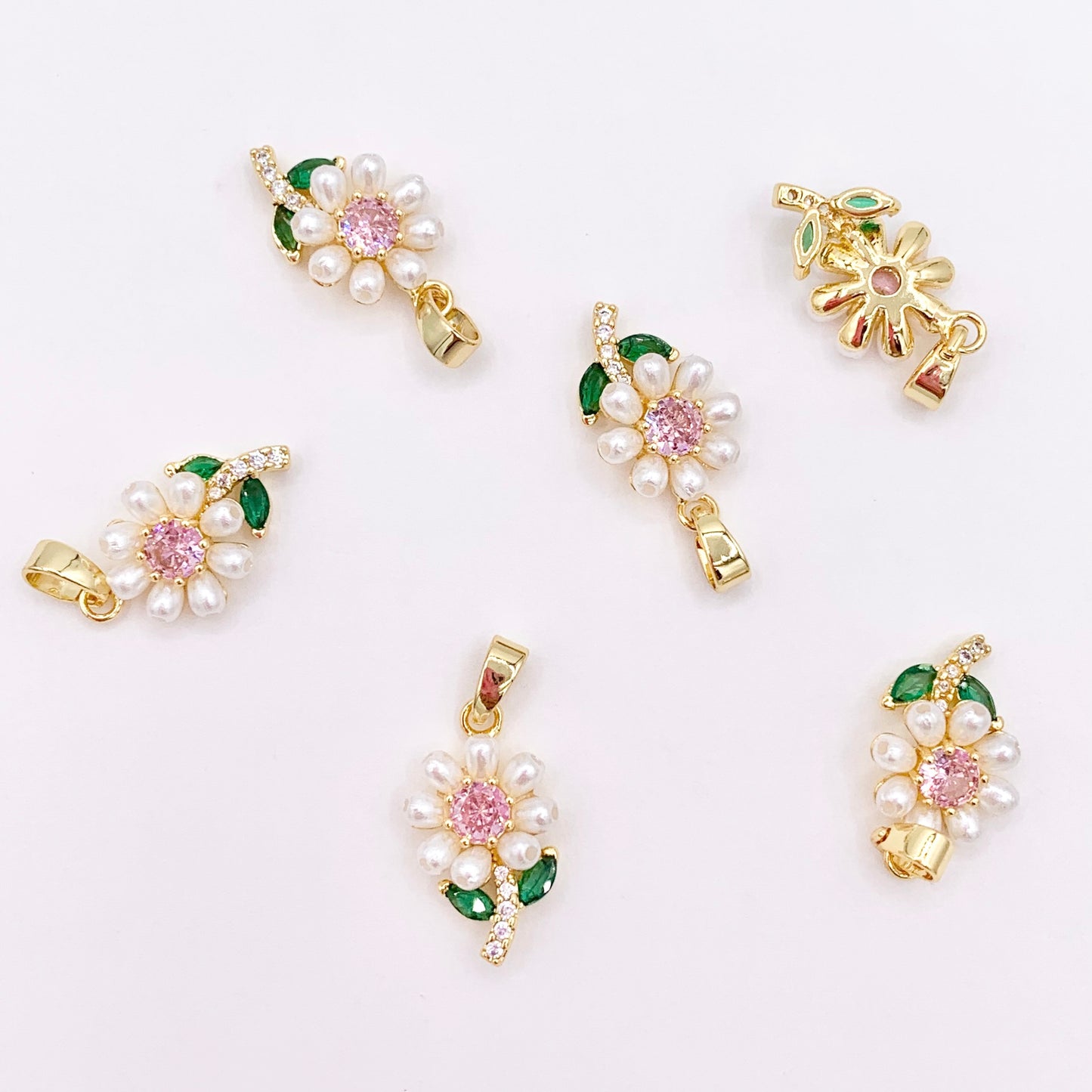 Pearl Cubic Zirconia Flower Pendant Charms in Real Gold 18K Plated Over Copper 6 PCS