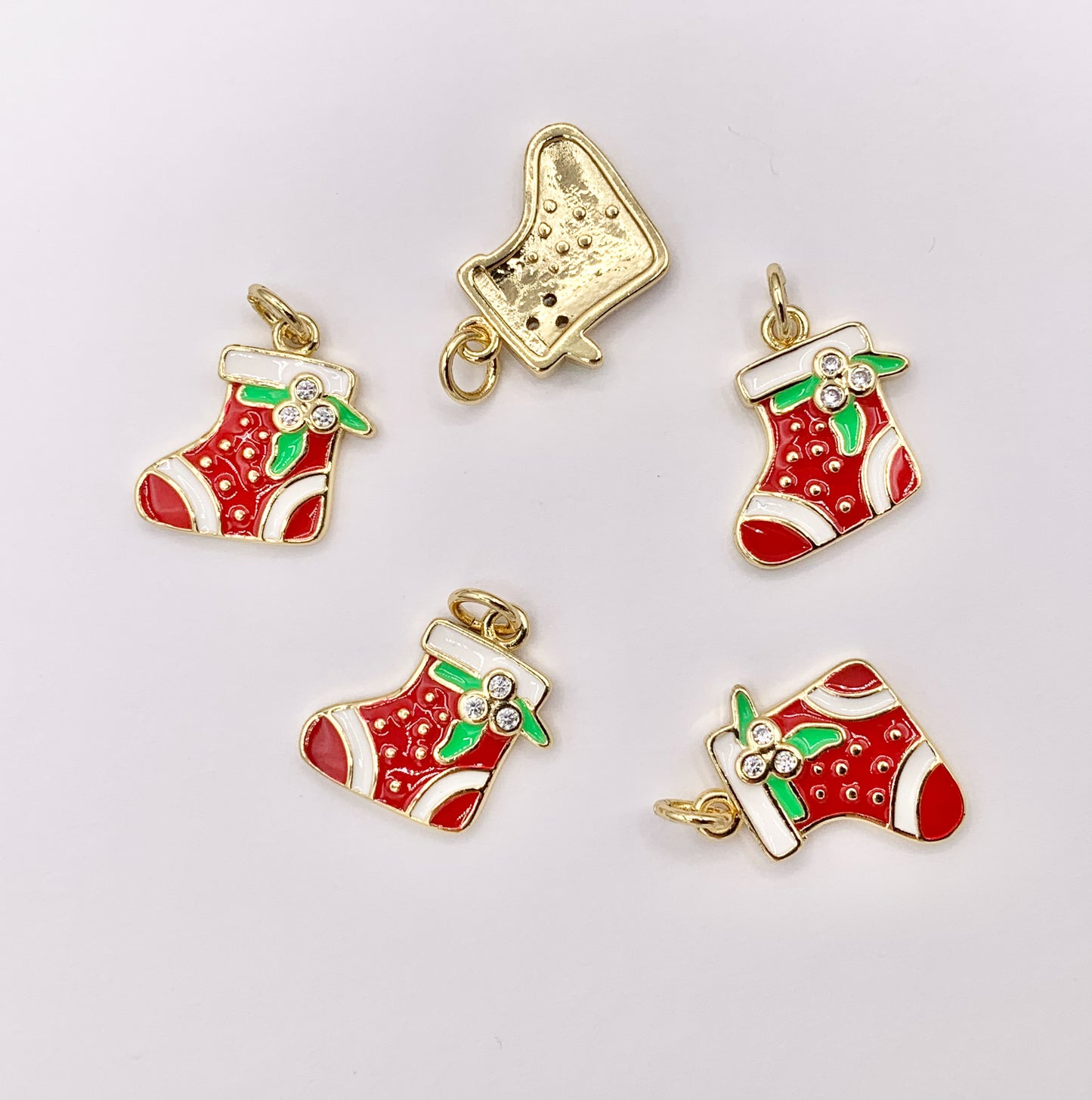 Cute Christmas Stocking Charm Holiday Enamel Pendant in Real Gold 18K Plated Micro CZ Pave Over Copper 5 PCS