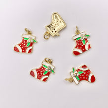 Load image into Gallery viewer, Cute Christmas Stocking Charm Holiday Enamel Pendant in Real Gold 18K Plated Micro CZ Pave Over Copper 5 PCS
