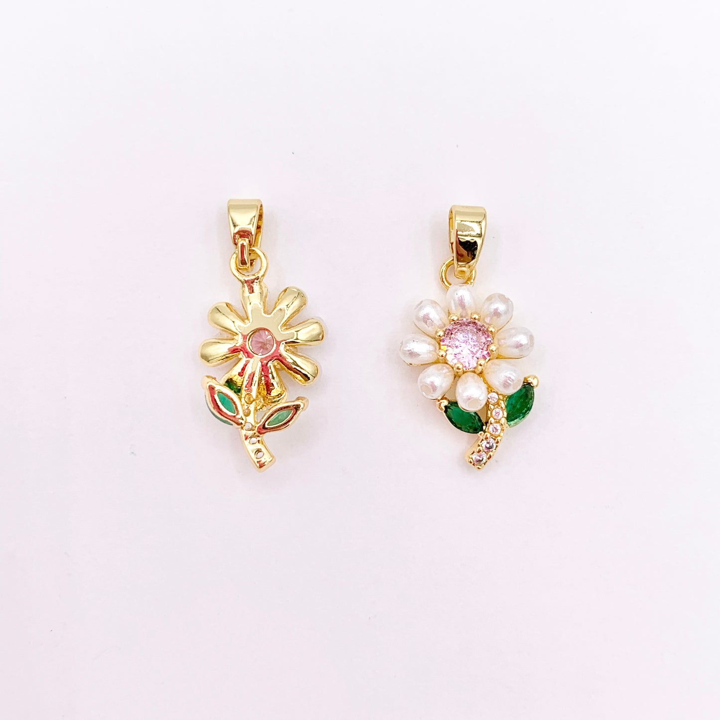 Pearl Cubic Zirconia Flower Pendant Charms in Real Gold 18K Plated Over Copper 6 PCS