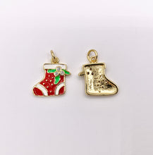 Load image into Gallery viewer, Cute Christmas Stocking Charm Holiday Enamel Pendant in Real Gold 18K Plated Micro CZ Pave Over Copper 5 PCS

