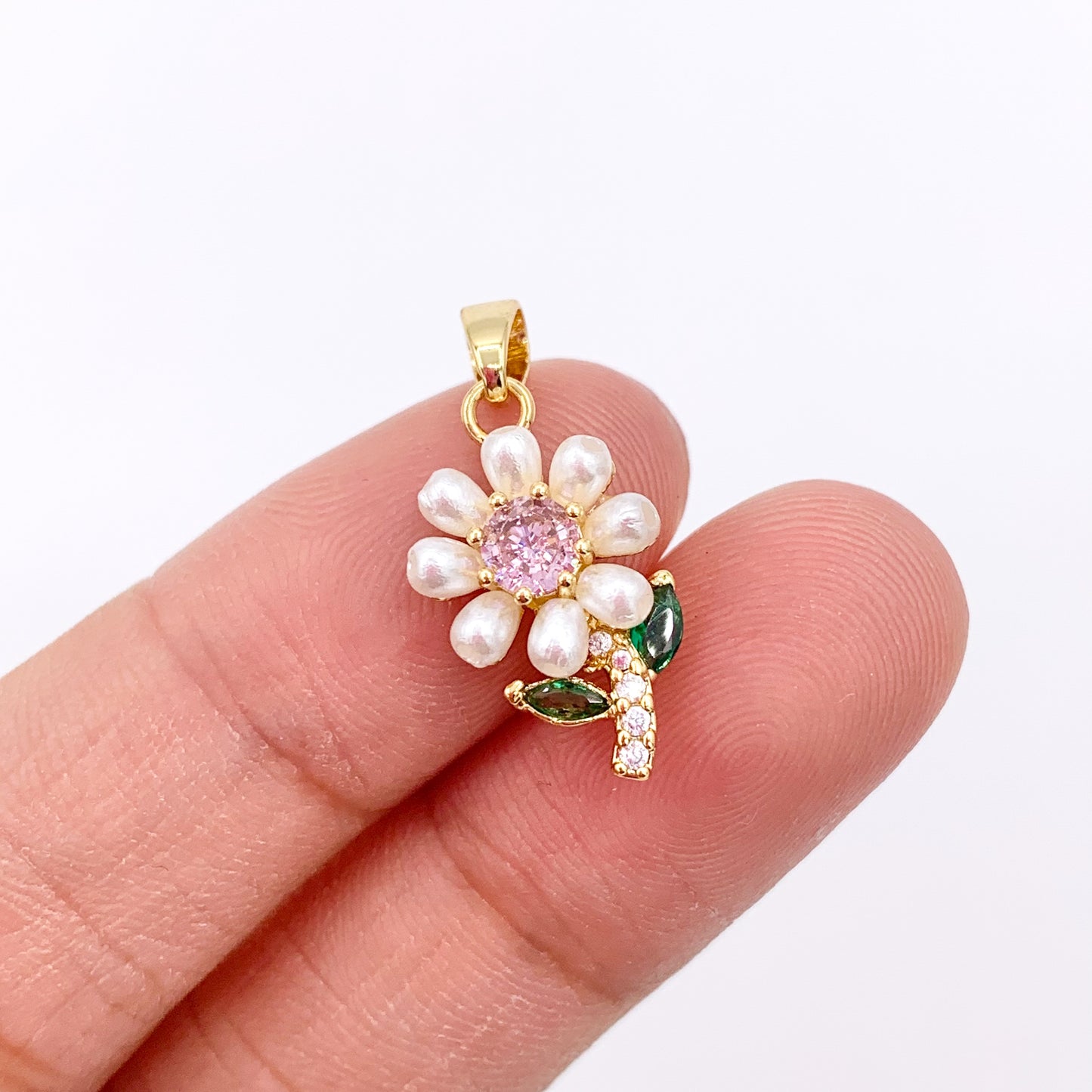 Pearl Cubic Zirconia Flower Pendant Charms in Real Gold 18K Plated Over Copper 6 PCS
