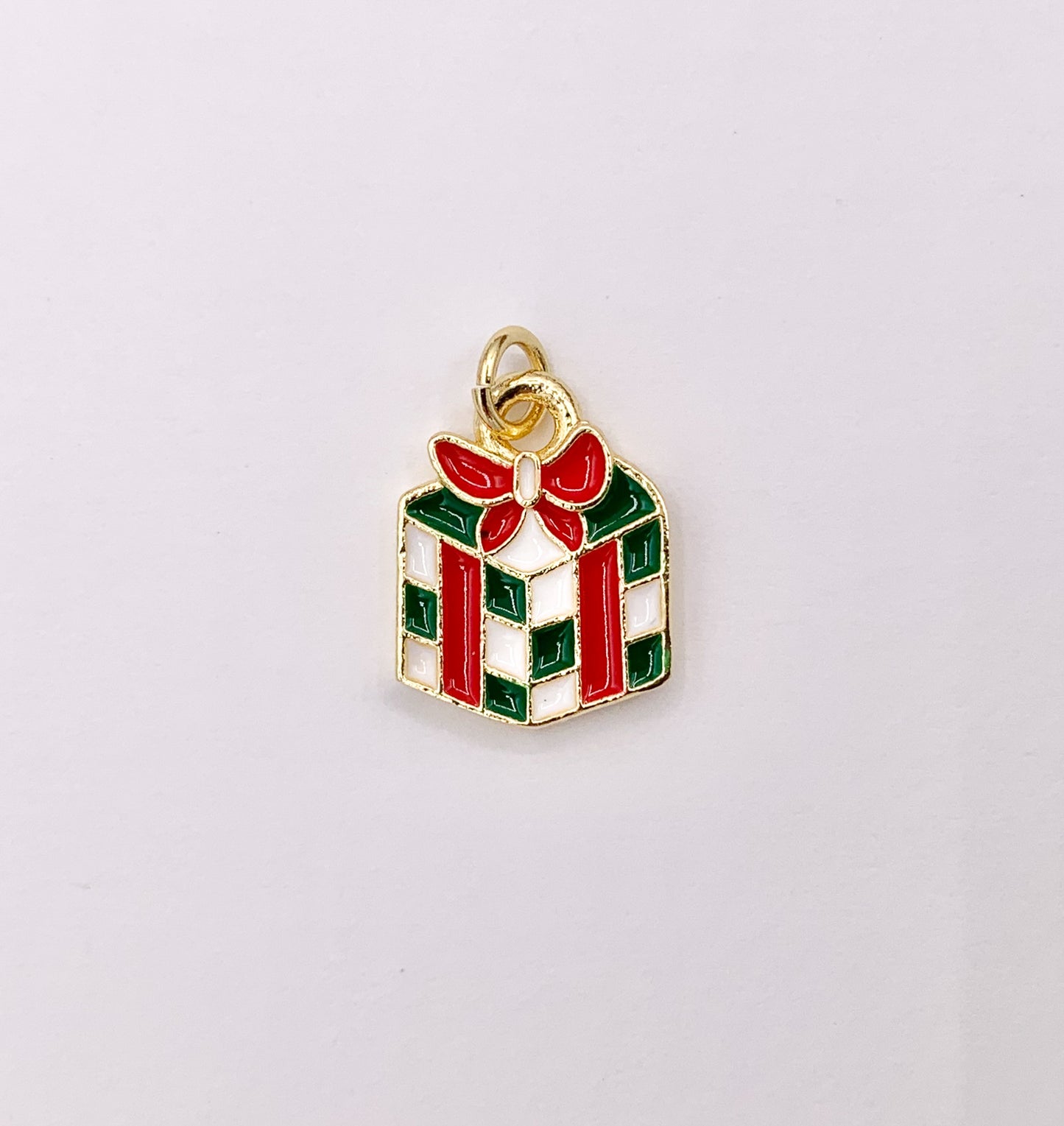 Cute Christmas Gift Box Charm Holiday Enamel Pendant in Real Gold 18K Plated Over Copper 5 PCS
