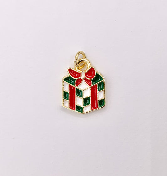 Cute Christmas Gift Box Charm Holiday Enamel Pendant in Real Gold 18K Plated Over Copper 5 PCS
