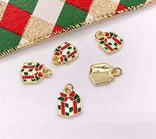Load image into Gallery viewer, Cute Christmas Gift Box Charm Holiday Enamel Pendant in Real Gold 18K Plated Over Copper 5 PCS

