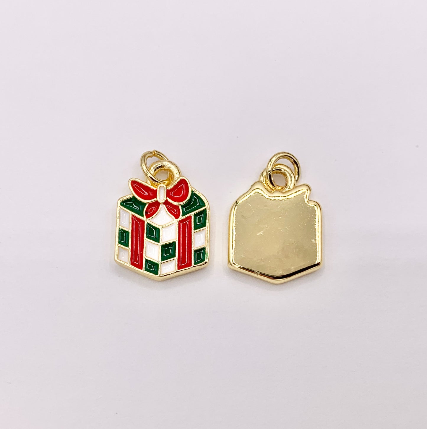 Cute Christmas Gift Box Charm Holiday Enamel Pendant in Real Gold 18K Plated Over Copper 5 PCS