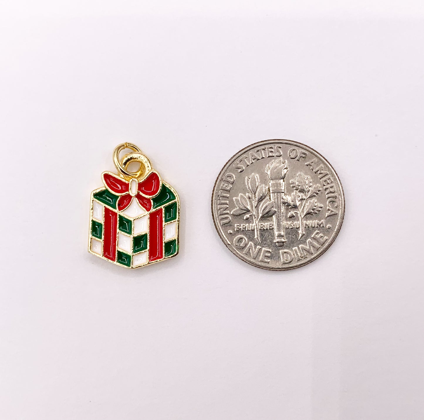 Cute Christmas Gift Box Charm Holiday Enamel Pendant in Real Gold 18K Plated Over Copper 5 PCS