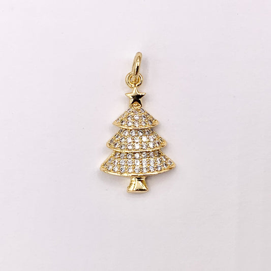 Christmas Tree Charm in Real Gold 18K Plated Micro CZ Pave Over Copper 5 PCS