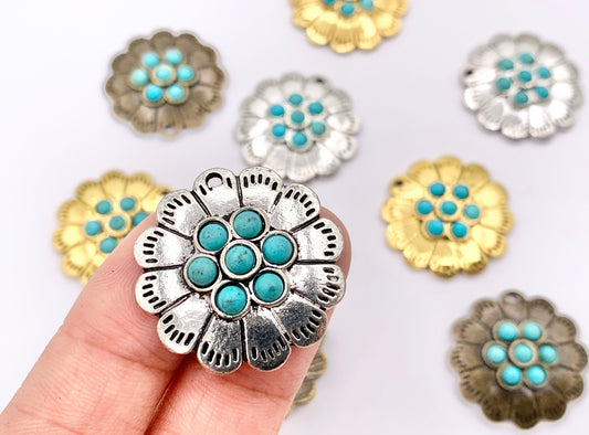 25mm Pewter Flower With Turquoise Charms Cute Floral Pendants in Gold, Silver and Bronze Color 10 PCS
