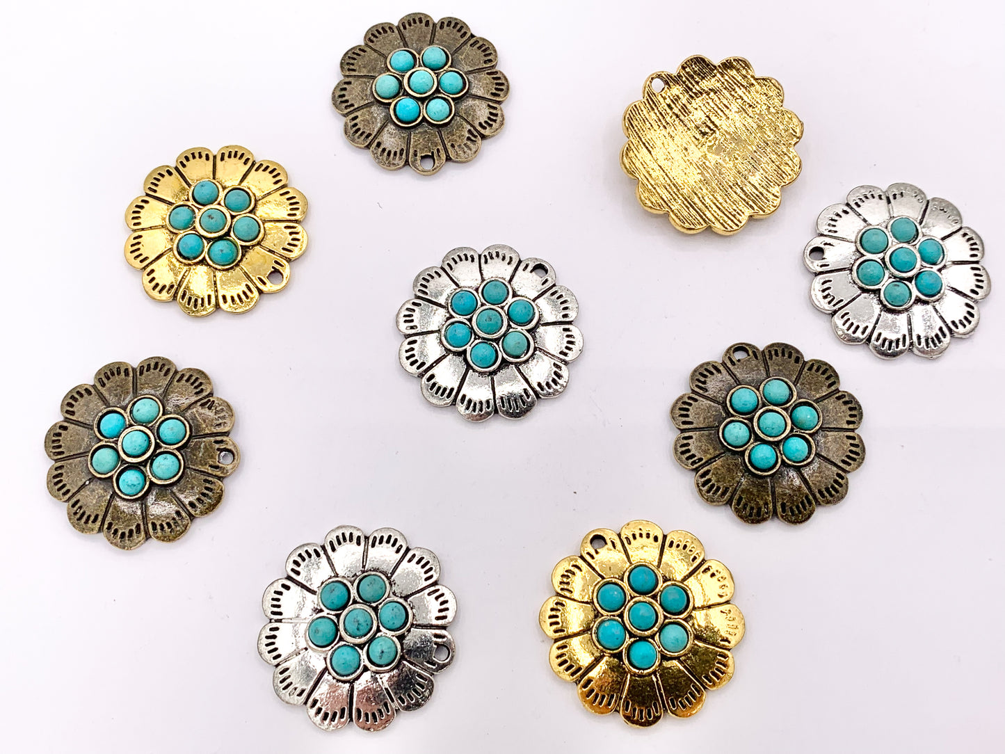 25mm Pewter Flower With Turquoise Charms Cute Floral Pendants in Gold, Silver and Bronze Color 10 PCS