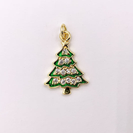 Green Enamel Christmas Tree Charm Holiday Pendant in Real Gold 18K Plated Micro CZ Pave Over Copper 5 PCS