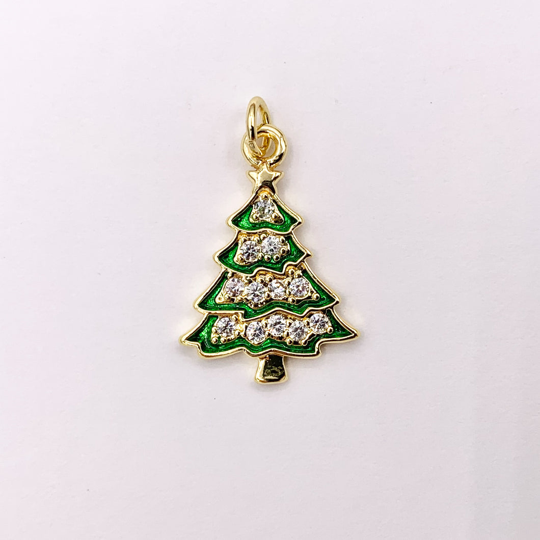 Green Enamel Christmas Tree Charm Holiday Pendant in Real Gold 18K Plated Micro CZ Pave Over Copper 5 PCS
