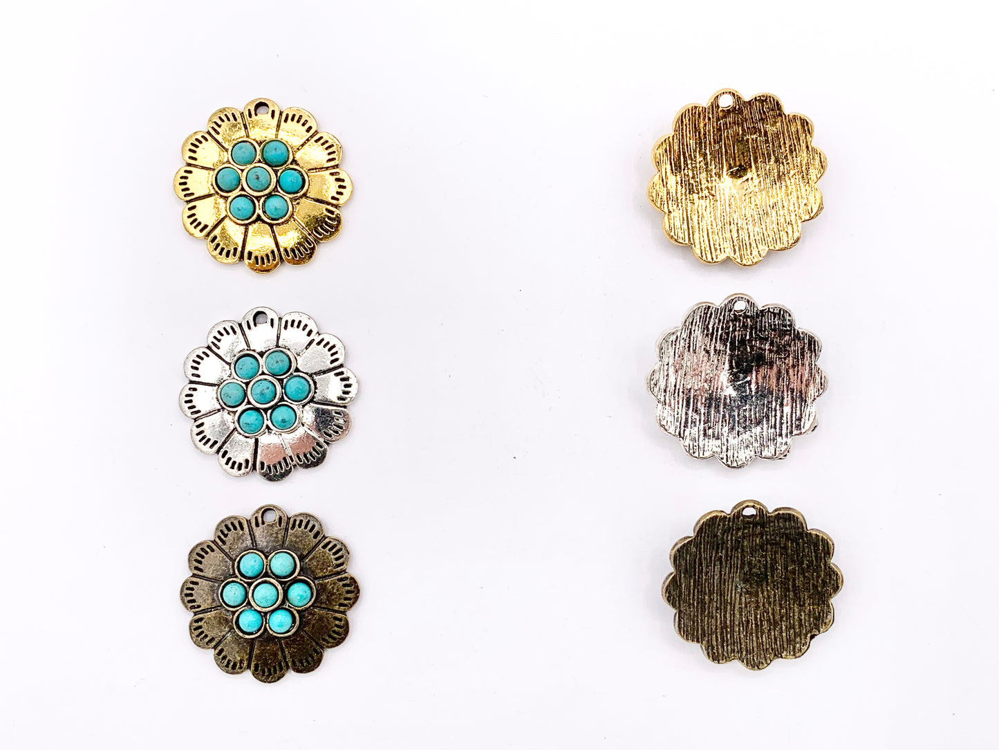 25mm Pewter Flower With Turquoise Charms Cute Floral Pendants in Gold, Silver and Bronze Color 10 PCS