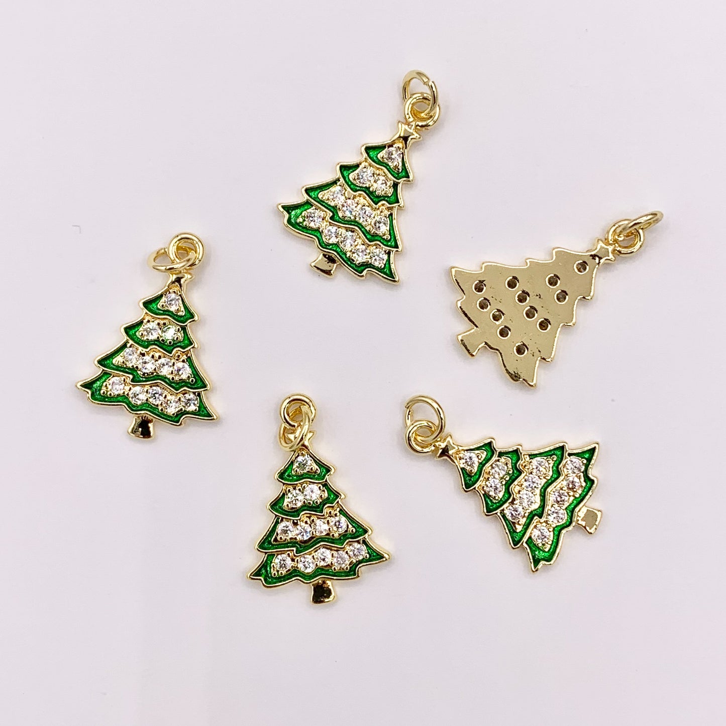 Green Enamel Christmas Tree Charm Holiday Pendant in Real Gold 18K Plated Micro CZ Pave Over Copper 5 PCS