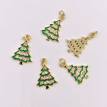 Load image into Gallery viewer, Green Enamel Christmas Tree Charm Holiday Pendant in Real Gold 18K Plated Micro CZ Pave Over Copper 5 PCS
