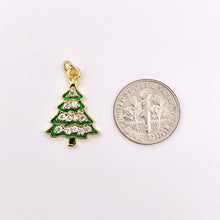 Load image into Gallery viewer, Green Enamel Christmas Tree Charm Holiday Pendant in Real Gold 18K Plated Micro CZ Pave Over Copper 5 PCS

