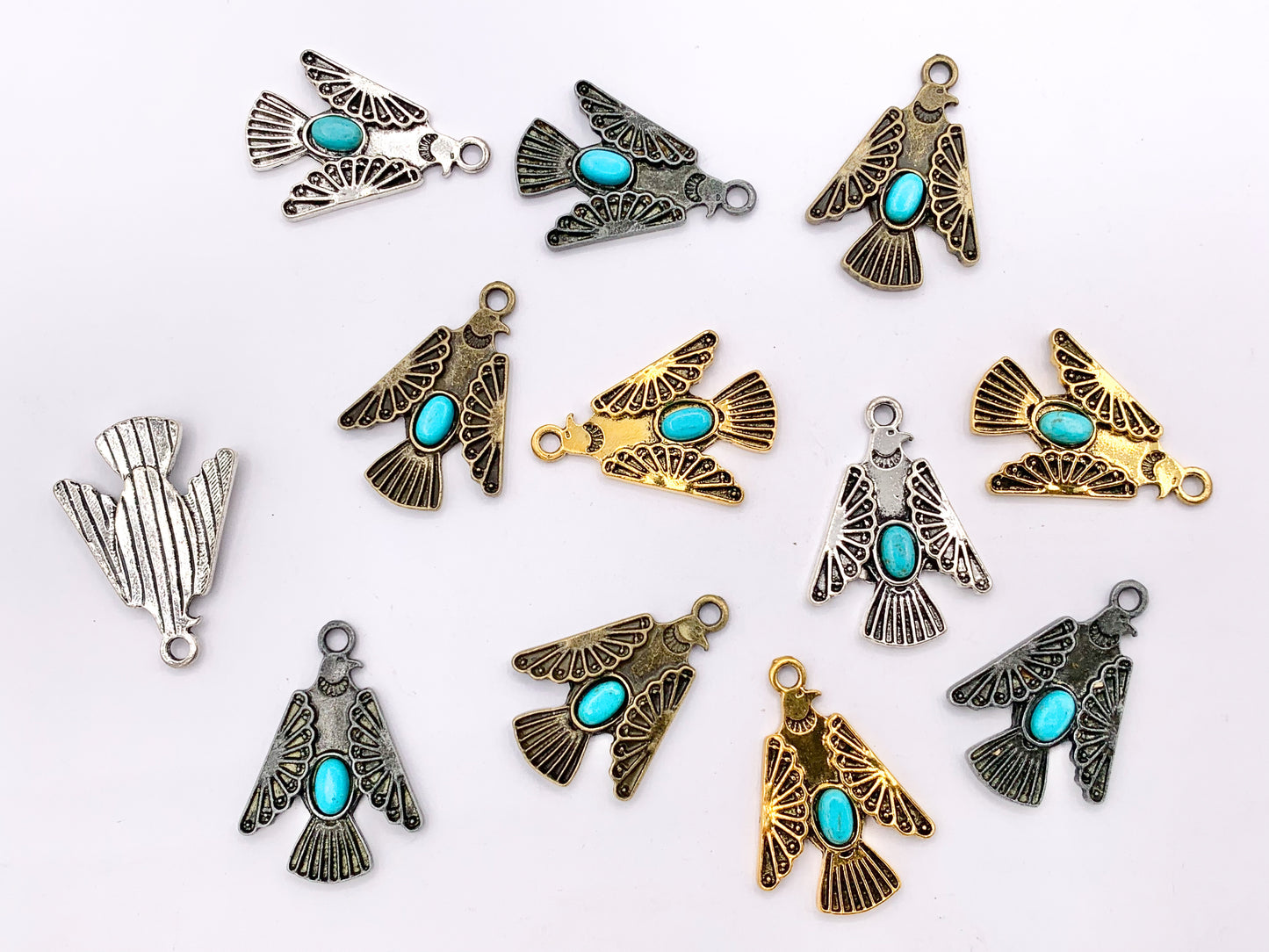 20x28mm Pewter Thunderbird Pendants with Turquoise Howlite in Gold, Silver Gunmetal and Bronze Color