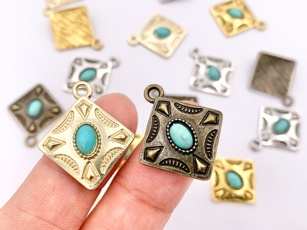 20mm Pewter Granny Square Pendants with Turquoise Howlite Cute Diamond Shape Charms in Gold, Silver, Bronze and Matte Gold Color