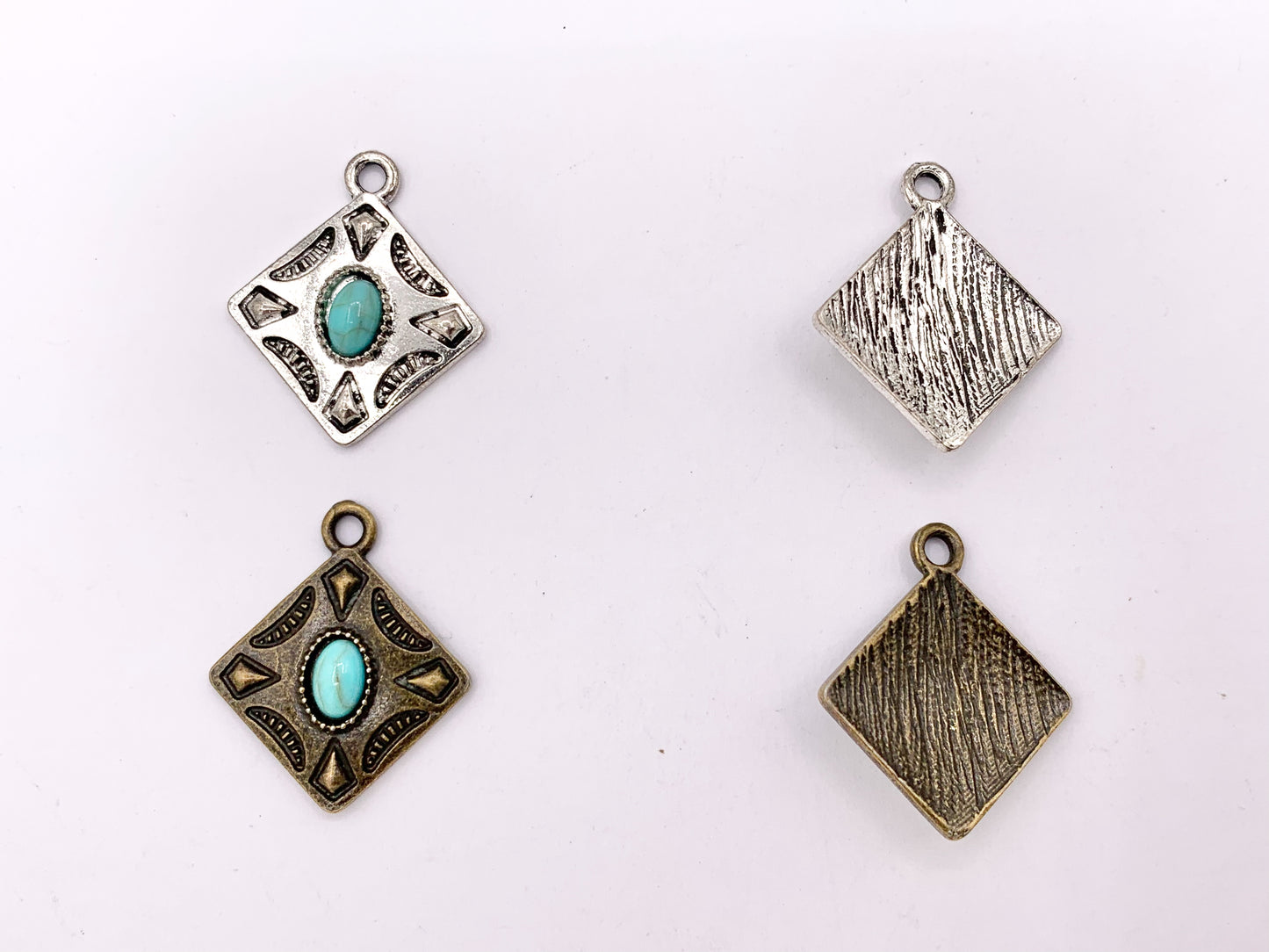 20mm Pewter Granny Square Pendants with Turquoise Howlite Cute Diamond Shape Charms in Gold, Silver, Bronze and Matte Gold Color