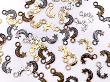 Cargar imagen en el visor de la galería, 11x18mm Pewter Cute Moon Crescent with Stars Charm in Gold, Silver, Brass, Copper, Gunmetal and Matte Gold
