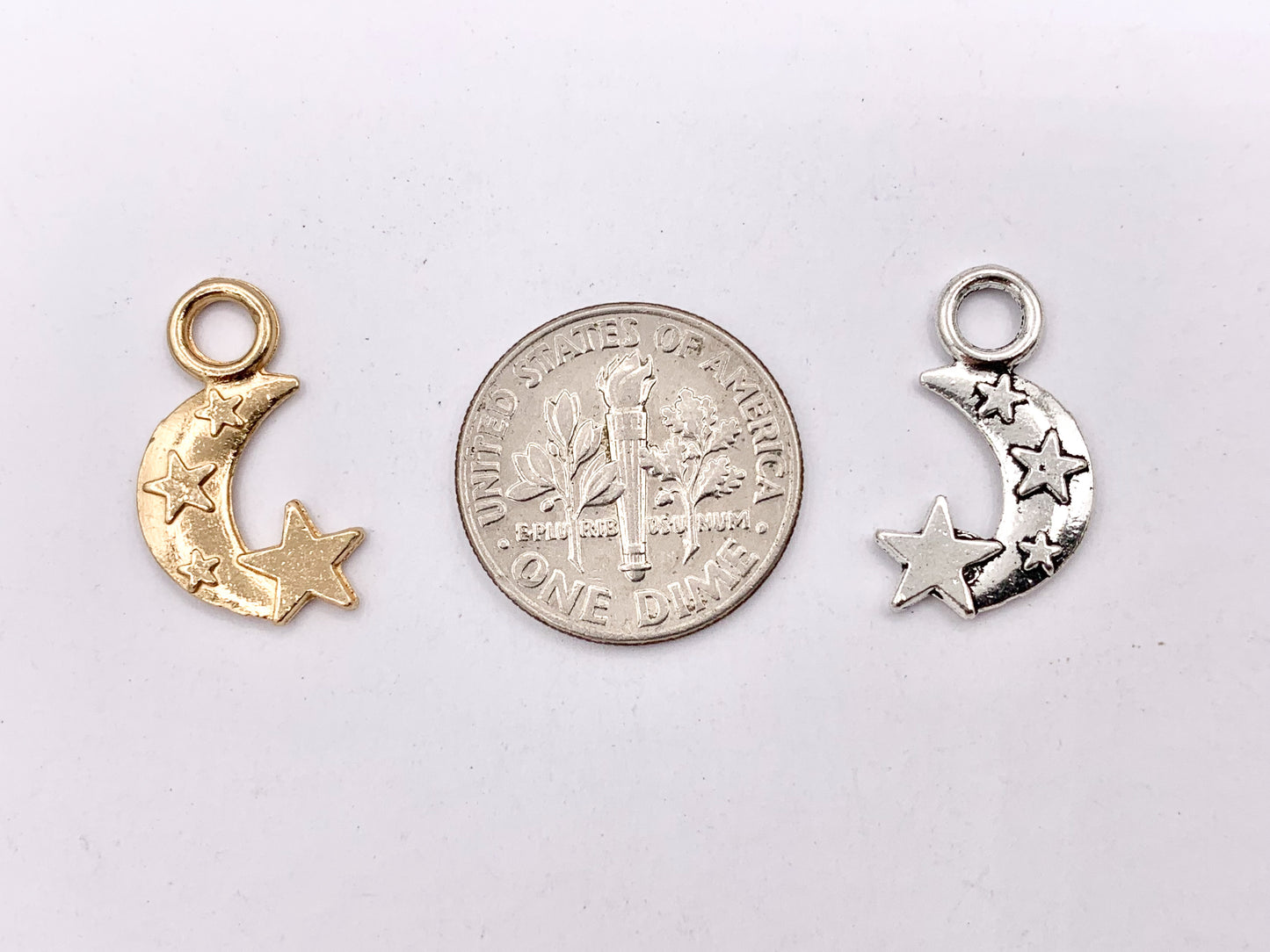 11x18mm Pewter Cute Moon Crescent with Stars Charm in Gold, Silver, Brass, Copper, Gunmetal and Matte Gold