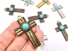 Cargar imagen en el visor de la galería, 26x43mm Pewter Cross With Turquoise Charms Large Antique Cross Pendants in Gold, Silver and Bronze Color 10 PCS
