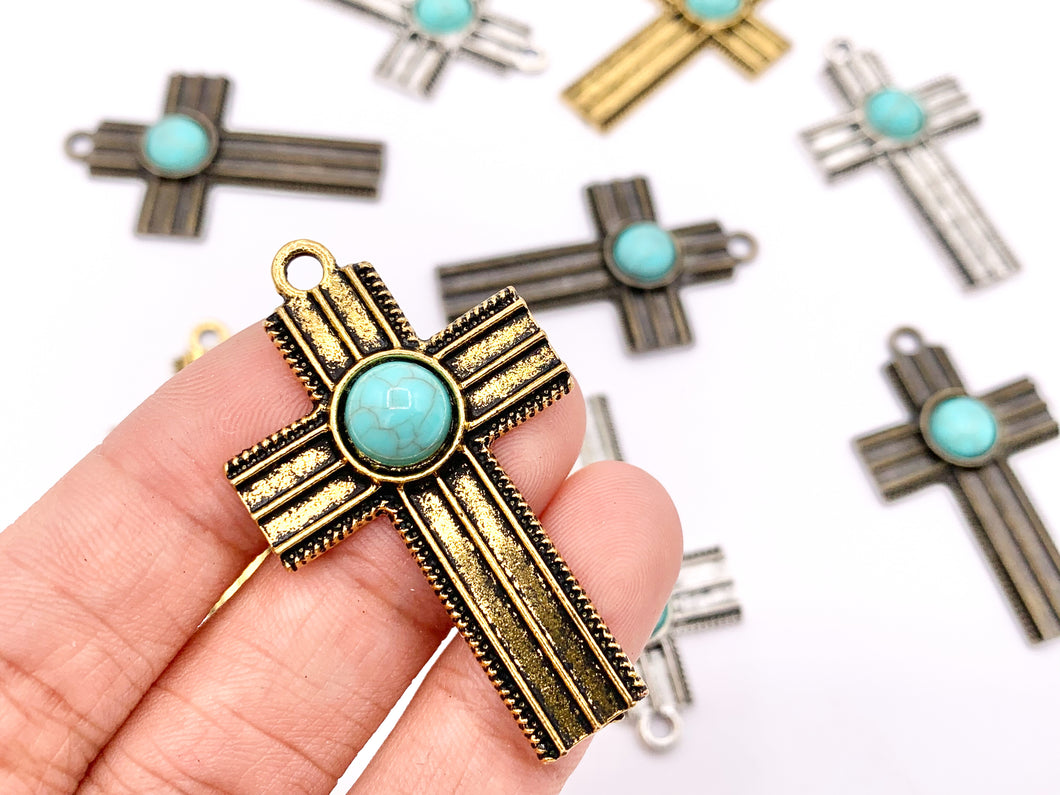 26x43mm Pewter Cross With Turquoise Charms Large Antique Cross Pendants in Gold, Silver and Bronze Color 10 PCS