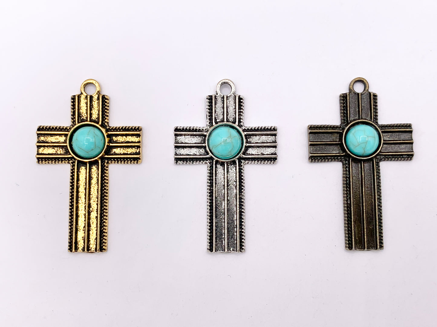 26x43mm Pewter Cross With Turquoise Charms Large Antique Cross Pendants in Gold, Silver and Bronze Color 10 PCS