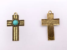 Cargar imagen en el visor de la galería, 26x43mm Pewter Cross With Turquoise Charms Large Antique Cross Pendants in Gold, Silver and Bronze Color 10 PCS
