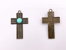 Cargar imagen en el visor de la galería, 26x43mm Pewter Cross With Turquoise Charms Large Antique Cross Pendants in Gold, Silver and Bronze Color 10 PCS
