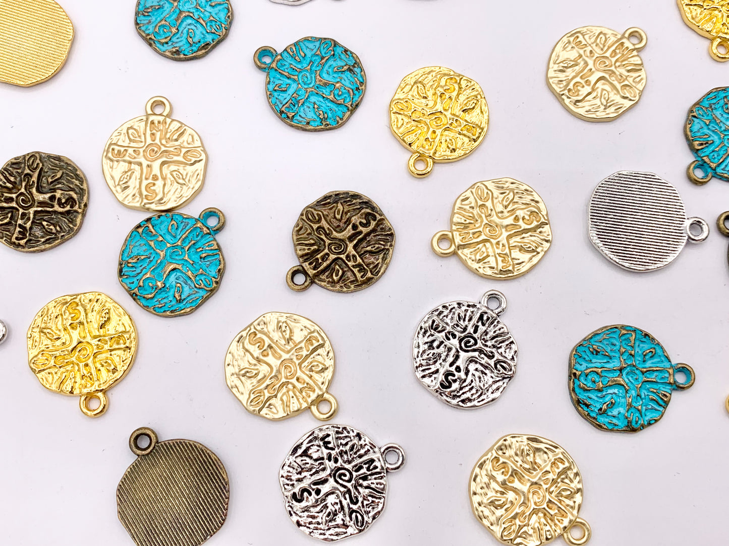 16mm Pewter Compass Charms Cute Carved Coin Pendants in Matte Gold, Gold, Silver, Bronze and Blue Patina Color