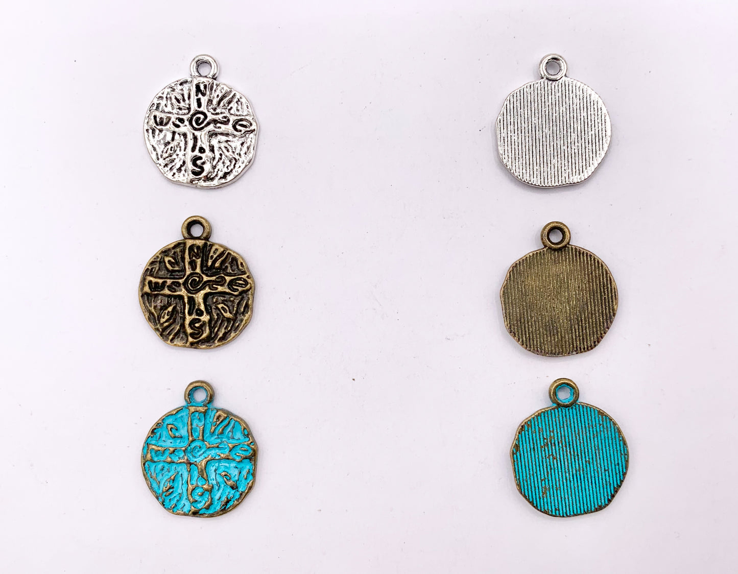 16mm Pewter Compass Charms Cute Carved Coin Pendants in Matte Gold, Gold, Silver, Bronze and Blue Patina Color
