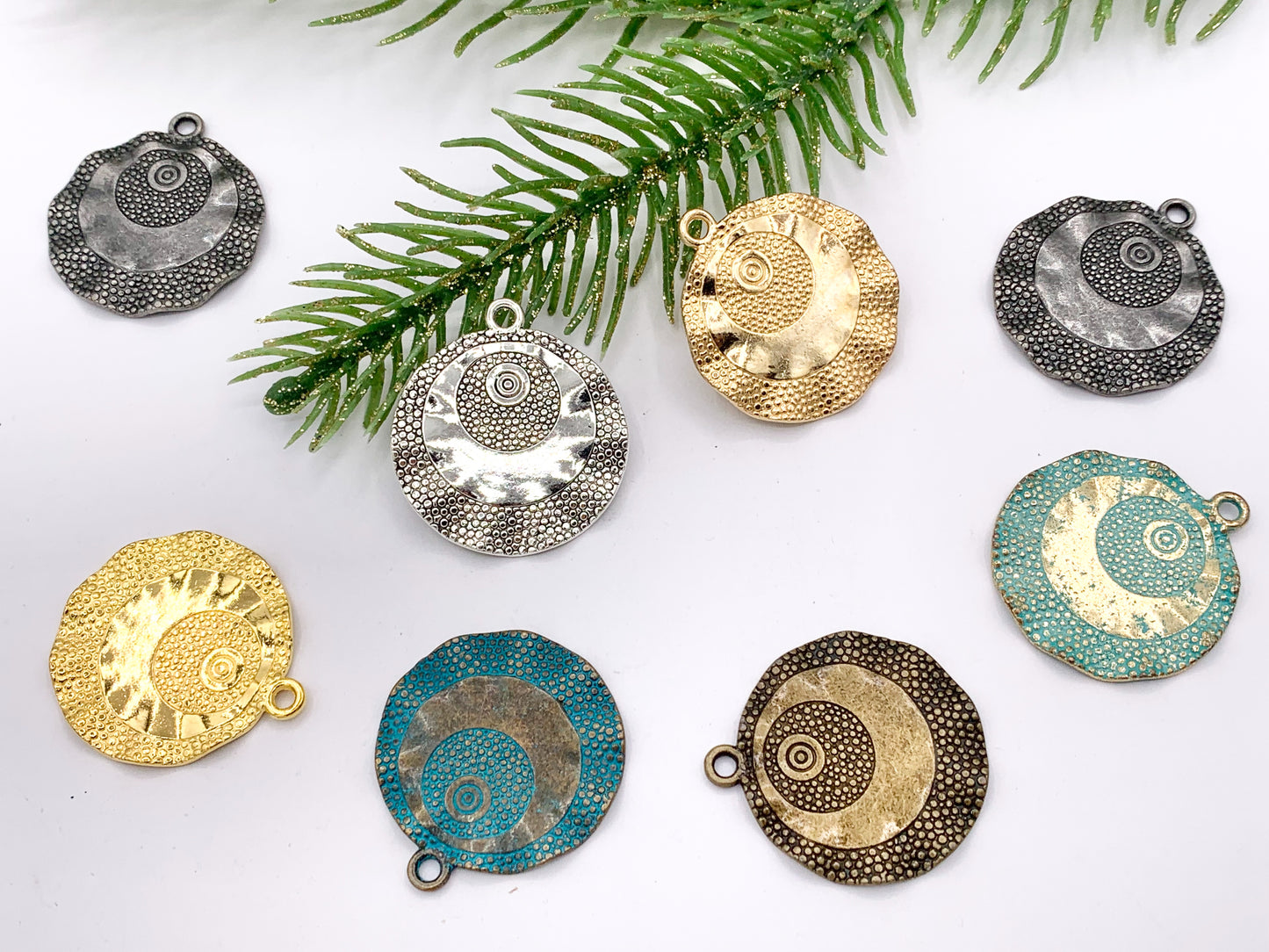26mm Pewter Wavy Hammered Coin Charms Cute Swirl Coin Pendants in Light Gold, Gold, Silver, Bronze, Gunmetal and Blue Patina Color