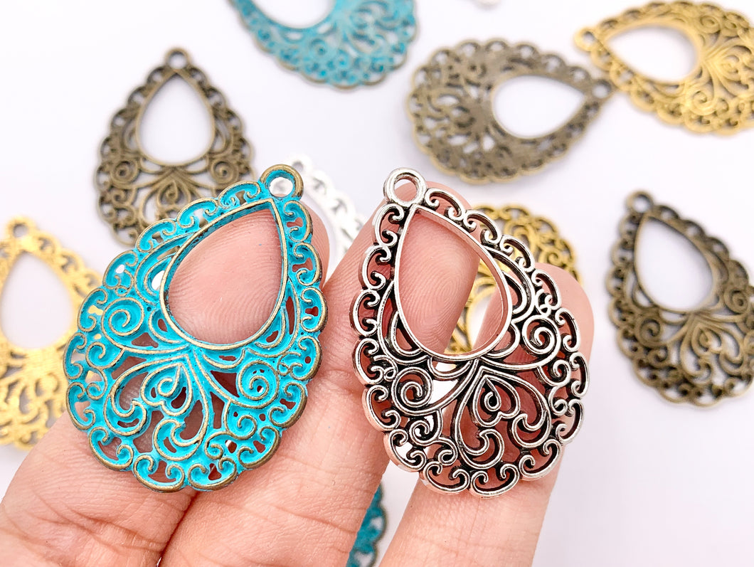 24x34mm Pewter Filigree Teardrop Pendants in Gold, Silver, Blue Patina and Bronze Color