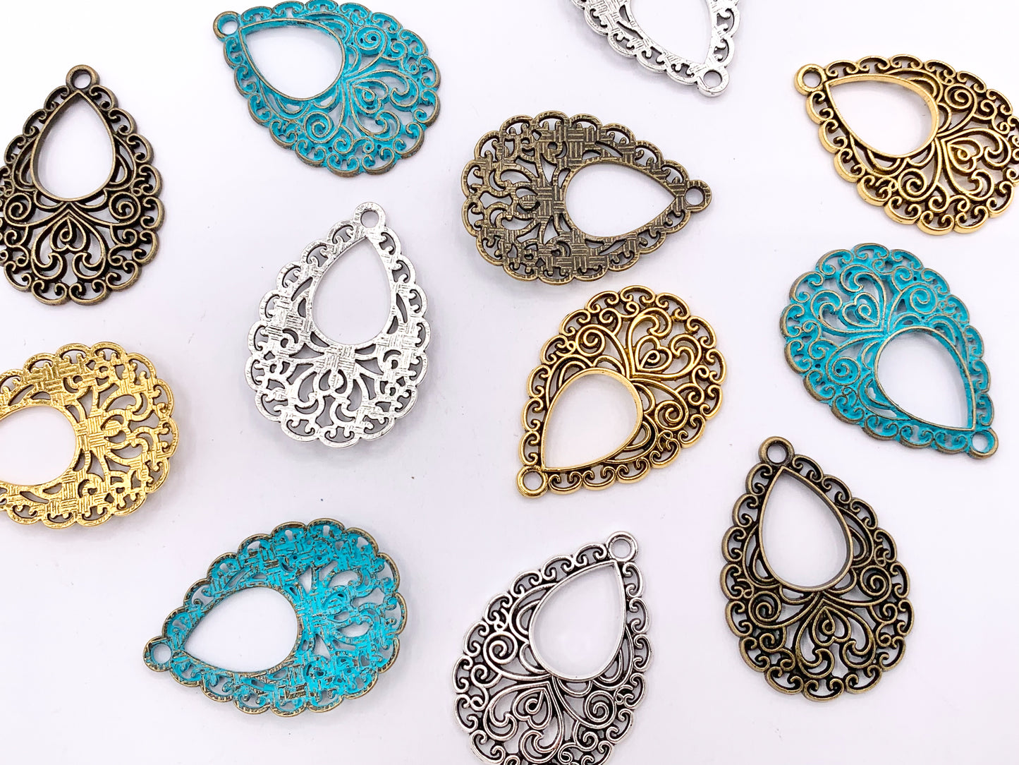 24x34mm Pewter Filigree Teardrop Pendants in Gold, Silver, Blue Patina and Bronze Color