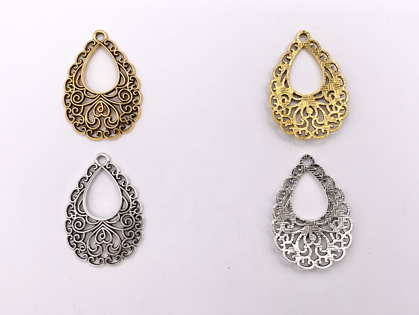 24x34mm Pewter Filigree Teardrop Pendants in Gold, Silver, Blue Patina and Bronze Color