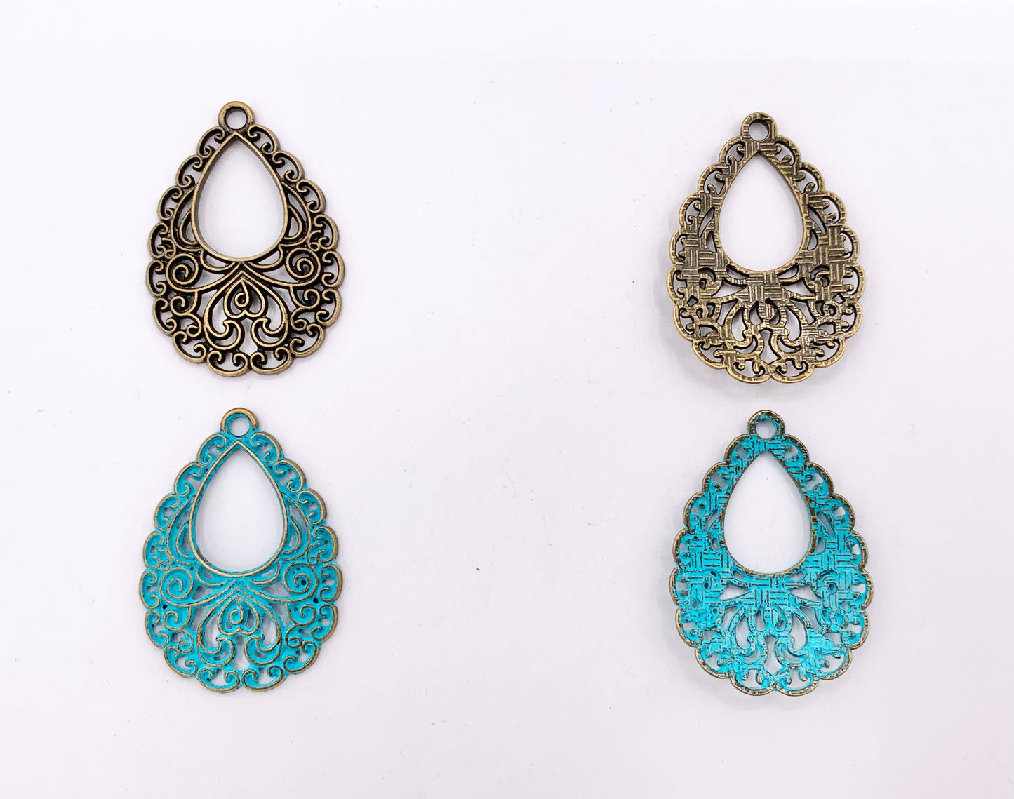 24x34mm Pewter Filigree Teardrop Pendants in Gold, Silver, Blue Patina and Bronze Color