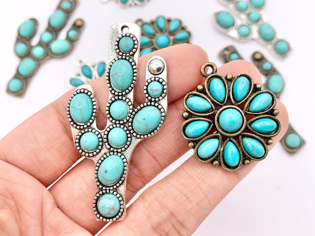 Pewter Flower/Cactus Charms With Turquoise Howlite Cute Floral Pendants in Silver and Bronze Color 6 PCS