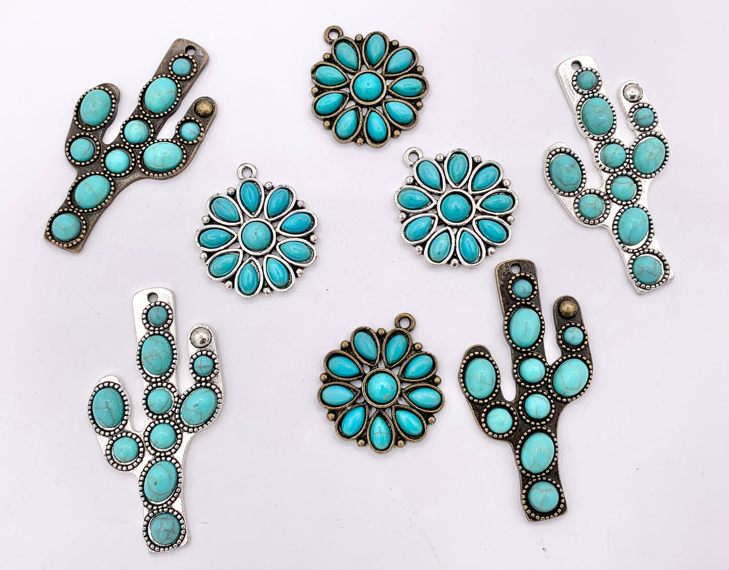 Pewter Flower/Cactus Charms With Turquoise Howlite Cute Floral Pendants in Silver and Bronze Color 6 PCS