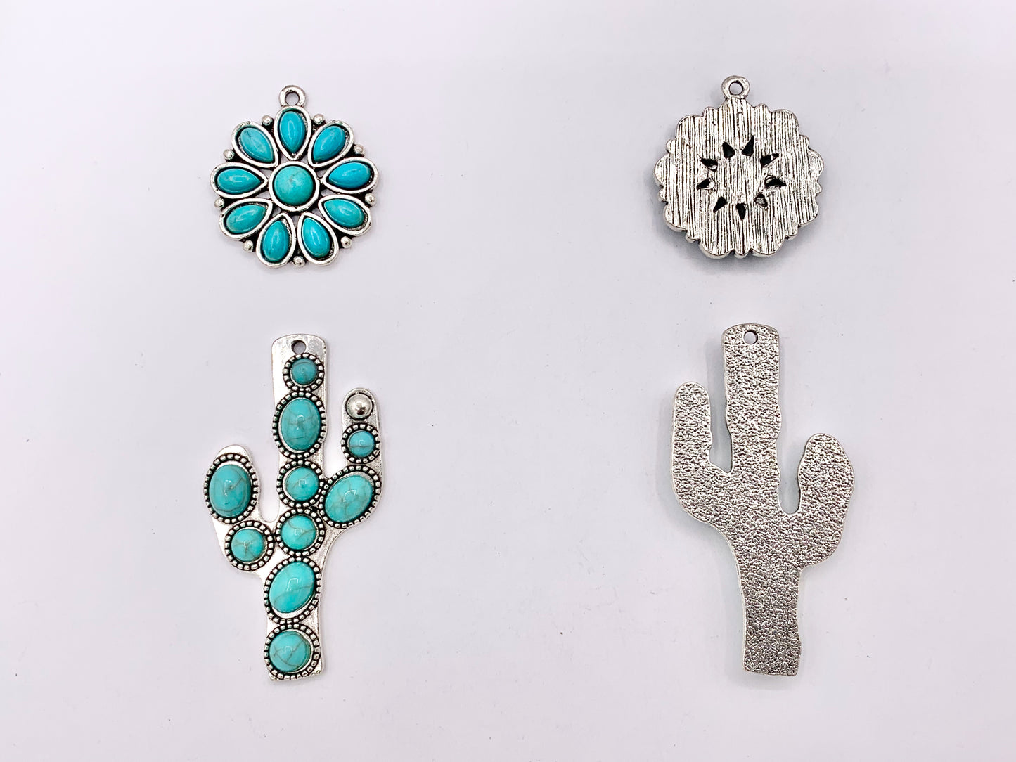 Pewter Flower/Cactus Charms With Turquoise Howlite Cute Floral Pendants in Silver and Bronze Color 6 PCS