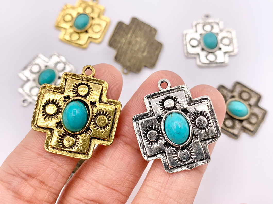 21x25mm Pewter Greek Cross With Turquoise Charms Antique Cross Pendants in Gold, Silver and Bronze Color 15 PCS