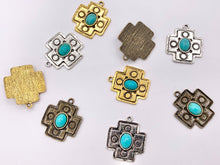 Cargar imagen en el visor de la galería, 21x25mm Pewter Greek Cross With Turquoise Charms Antique Cross Pendants in Gold, Silver and Bronze Color 15 PCS
